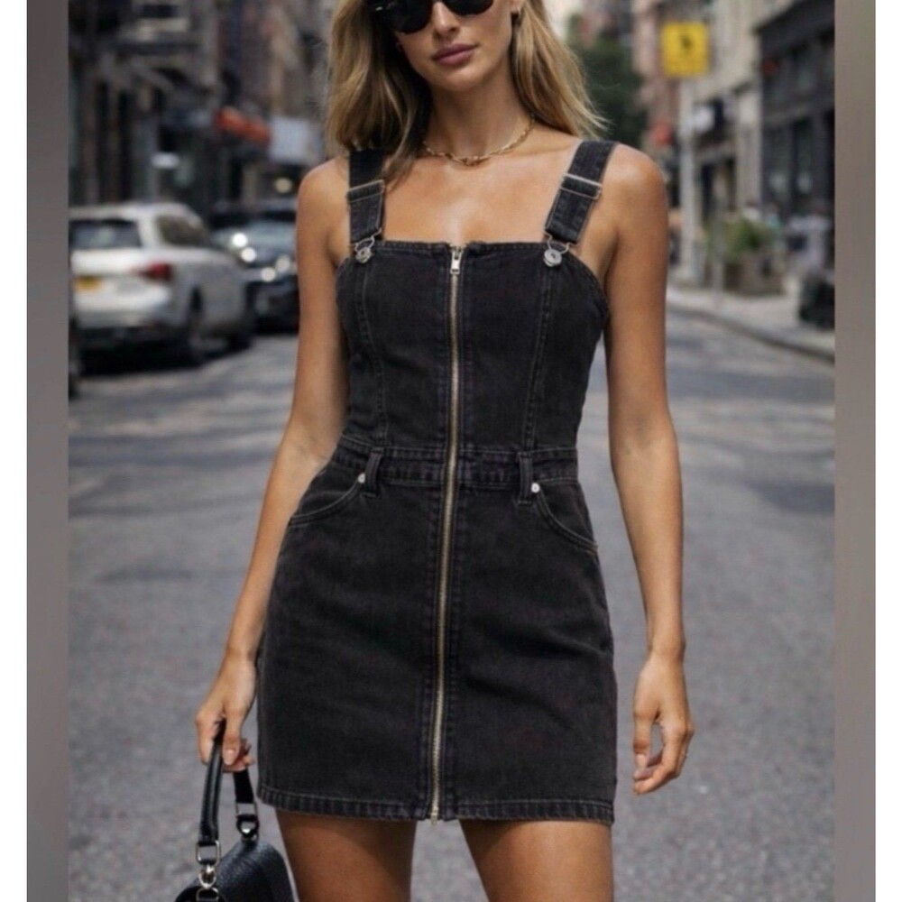 Ksubi Black Denim Overall Skirt – Women’s L Distressed Fringe Full Zip Front Y2K